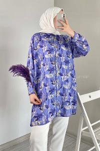 Modalamelif Yaprak Desen Dijital Baskı Gömlek Açık Mor