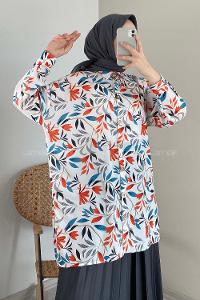 Modalamelif Yaprak Desen Dijital Baskı Gömlek Ekru Kiremit