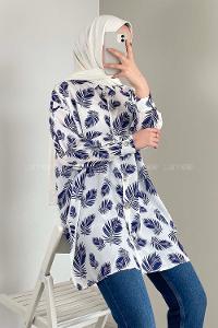 Modalamelif Yaprak Desen Dijital Baskı Gömlek Ekru Mavi