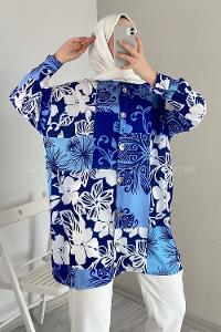 Modalamelif Yaprak Desen Dijital Baskı Gömlek Mavi