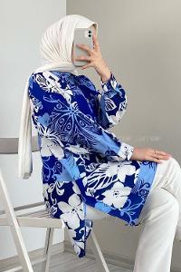 Modalamelif Yaprak Desen Dijital Baskı Gömlek Mavi