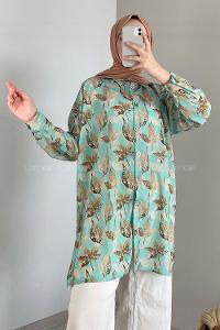 Modalamelif Yaprak Desen Dijital Baskı Gömlek Mint