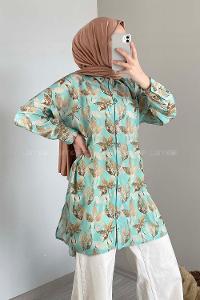 Modalamelif Yaprak Desen Dijital Baskı Gömlek Mint