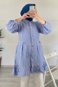Modalamelif Eteği Fırfırlı Çizgili Gömlek Açık Mavi
