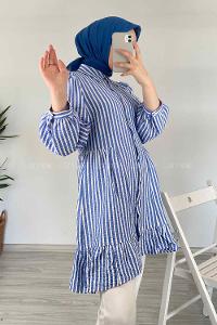 Modalamelif Eteği Fırfırlı Çizgili Gömlek Açık Mavi