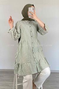 Modalamelif Eteği Fırfırlı Çizgili Gömlek Çağla