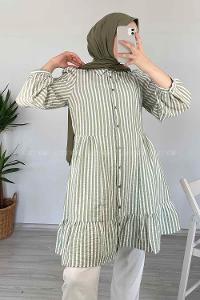 Modalamelif Eteği Fırfırlı Çizgili Gömlek Çağla