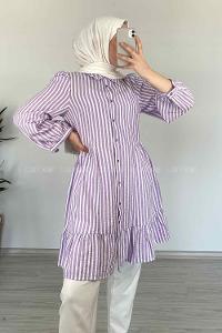 eği Fırfırlı Çizgili Gömlek Lila
