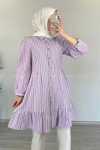 eği Fırfırlı Çizgili Gömlek Lila