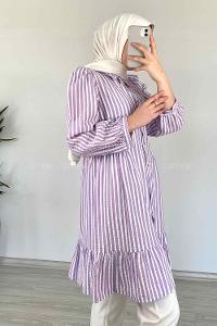 eği Fırfırlı Çizgili Gömlek Lila