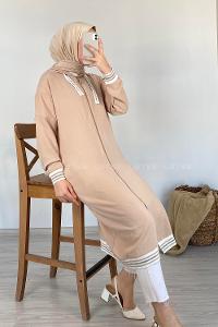 Modalamelif Etek Ucu Şeritli Kapşonlu Tunik Taş