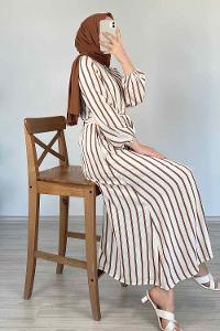 Modalamelif Gömlek Yaka Çizgili Elbise Kahve