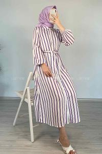 Modalamelif Gömlek Yaka Çizgili Elbise Mor