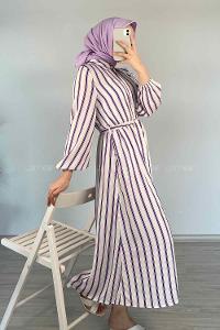 Modalamelif Gömlek Yaka Çizgili Elbise Mor