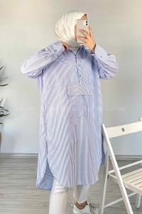 Modalamelif Kanguru Cep Çizgili Kapşonlu Tunik Açık Mavi