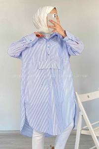 Modalamelif Kanguru Cep Çizgili Kapşonlu Tunik Açık Mavi
