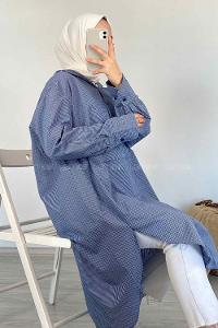 Modalamelif Kanguru Cep Pötikare Kapşonlu Tunik Mavi