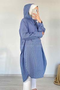 Modalamelif Kanguru Cep Pötikare Kapşonlu Tunik Mavi