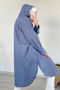 Modalamelif Kanguru Cep Pötikare Kapşonlu Tunik Mavi