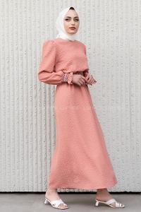 Modalamelif Kol Lastikli Gipeli Elbise Pudra