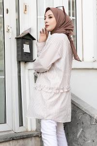 Modalamelif Önü Düğmeli Çizgili Gömlek Bej