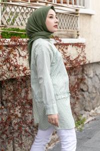 Modalamelif Önü Düğmeli Çizgili Gömlek Fıstık Yeşili