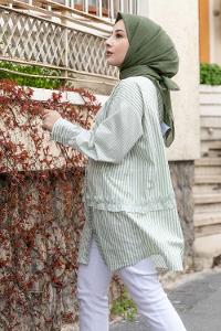 Modalamelif Önü Düğmeli Çizgili Gömlek Fıstık Yeşili