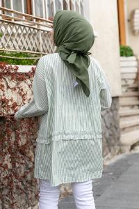 Modalamelif Önü Düğmeli Çizgili Gömlek Fıstık Yeşili