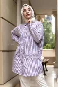 Modalamelif Önü Düğmeli Çizgili Gömlek Lila