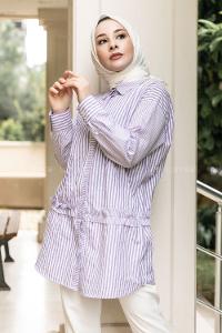 Modalamelif Önü Düğmeli Çizgili Gömlek Lila