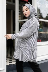 Modalamelif Önü Düğmeli Çizgili Gömlek Siyah