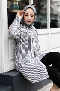 Modalamelif Önü Düğmeli Çizgili Gömlek Siyah