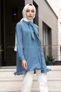 Modalamelif Önü Gizli Düğmeli Fırfırlı Tunik İndigo