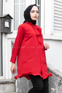 Modalamelif Önü Gizli Düğmeli Fırfırlı Tunik Kırmızı