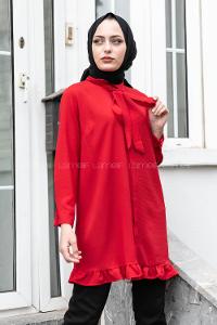 Modalamelif Önü Gizli Düğmeli Fırfırlı Tunik Kırmızı