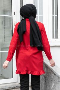 Modalamelif Önü Gizli Düğmeli Fırfırlı Tunik Kırmızı