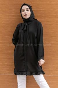 Modalamelif Önü Gizli Düğmeli Fırfırlı Tunik Siyah