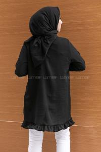 Modalamelif Önü Gizli Düğmeli Fırfırlı Tunik Siyah