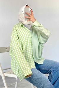 Modalamelif Oversize Ekose Gömlek Fıstık Yeşili