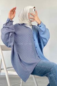 Modalamelif Oversize Ekose Gömlek Mavi