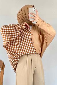 Modalamelif Oversize Ekose Gömlek Sütlü Kahve