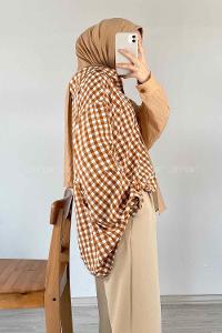 Modalamelif Oversize Ekose Gömlek Sütlü Kahve