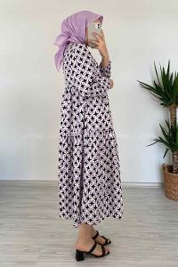 Modalamelif Soyut Desen Kol Lastikli Elbise Lila