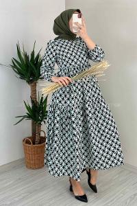 Modalamelif Soyut Desen Kol Lastikli Elbise Yeşil