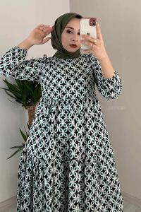 Modalamelif Soyut Desen Kol Lastikli Elbise Yeşil