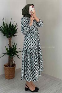 Modalamelif Soyut Desen Kol Lastikli Elbise Yeşil