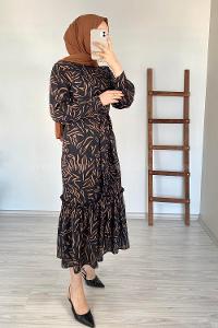 Modalamelif Soyut Desen Kuaşaklı Elbise Acı Kahve