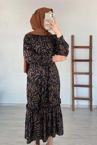 Modalamelif Soyut Desen Kuaşaklı Elbise Acı Kahve