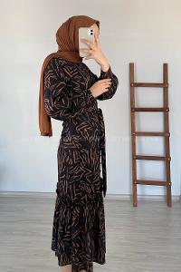 Modalamelif Soyut Desen Kuaşaklı Elbise Acı Kahve
