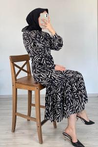 Modalamelif Soyut Desen Kuaşaklı Elbise Siyah
